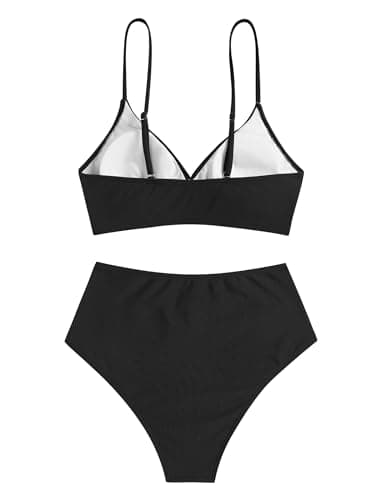 ZAFUL Women High Waisted Bathing Suit 2 Piece Black Bikini Sets High Cut Push Up Swimsuit Two Piece Tummy Control Vintage Retro Underwire Modest Swimwear Black L - Image 5