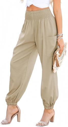 Dokotoo Teen Girls Summer Boho Flowy Pants Long High Waisted Elephant Dressy Trousers Baggy Summer Office Petite Leggings Outfits with Pockets,Pale Khaki Medium - Image 1