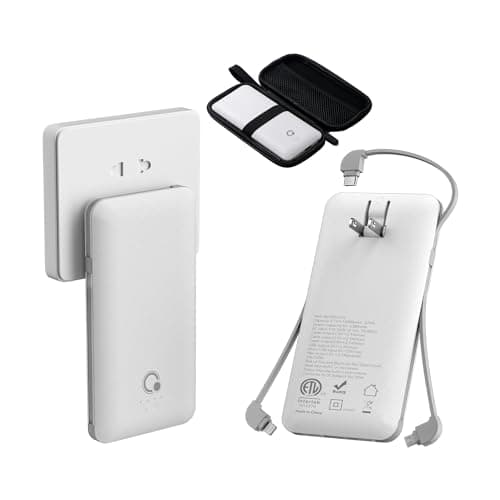 Q 10000mAh Power Bank, Slim Portable Charger,4 Output External Battery Pack with Built-in AC Wall Plug Micro USB C 3 Cables Compatible with iPhone Samsung Android Phone Tablet and More - Image 1