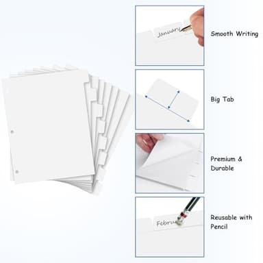 Binder Dividers for 3 Ring Binder, 1/8 Cut Tabs, Letter Size, Blank Write On Page Dividers with 8 Big Tabs for School Office Home, 4 Sets, 32 Dividers, White - Image 4