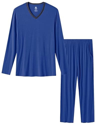 JINSHI Mens Pajamas Set Long Sleeve V Neck 2 Piece Sleepwear Pants with Pockets Lightweight Quick Dry Soft Good Elasticity-Deep blue L - Image 7