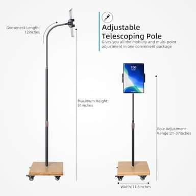 wishacc Tablet Floor Stand for Bed - Gooseneck Tablet Holder Mount with Adjustable Height and 4 Wheels, Compatible with iPad mini Air Pro 12.9/9.7, Galaxy Tab, Kindle, Cell Phones (4.7"-13") - Image 6