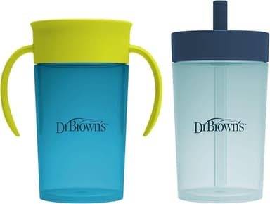 Dr. Brown's Milestones Straw to 360° Cup Set, Convertible Toddler Training Cup Set with Interchangeable Silicone Straw and 360 Degree Cup Lids, Blue Green, 10 oz/300 mL, BPA Free, 9m+, 2 Pack - Image 1