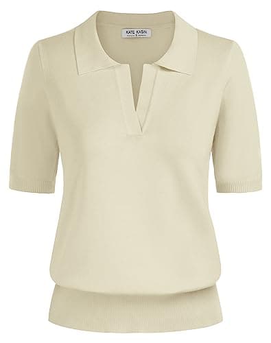 Kate Kasin Women Short Sleeve Polo Neck Pullover Sweater Casual Lightweight Loose Knit Tops Apricot M - Image 1