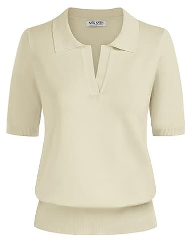 Kate Kasin Women Short Sleeve Polo Neck Pullover Sweater Casual Lightweight Loose Knit Tops Apricot M - Image 1