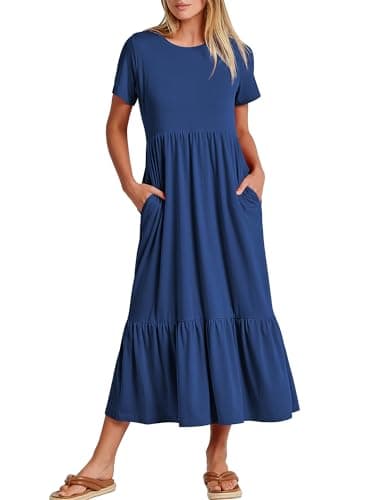 ANRABESS Womens 2025 Summer Casual Maxi Dress A line Tiered Flowy Short Sleeve Crewneck T Shirt Beach Travel Long Dresses Medium Blue - Image 1