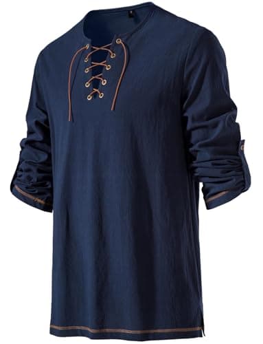 JEMITOP Men's Renaissance Costume Retro Lace Up Shirts for Pirate Viking Medieval Vampire Halloween Cosplay Without Belt Navy Blue XL - Image 3