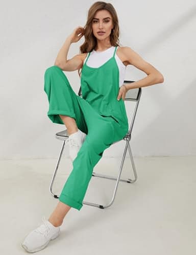 Lentta Women's Causal Jumpsuits V Neck Sleeveless Harem Overalls Stretchy Adjustable Strap Romper with Pockets(Green-M) - Image 6