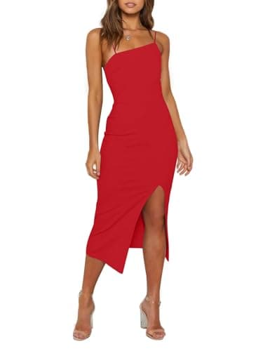OWIN Women's Summer Dress 2025 Sexy Spaghetti Straps Sleeveless High Waist Split Midi Bodycon Cocktail Party Dress Red M - Image 1