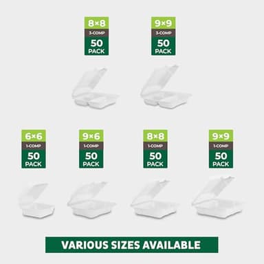 Freshware Clamshell Food Containers with Lids [8x8 100-Pack] Disposable To Go Containers, Biodegradable Sugarcane To Go Boxes - Paper Container - Microwave & Freezer Safe, Stackable - Image 7