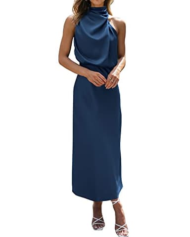 BTFBM Women Sleeveless Cocktail Dresses Fall Mock Neck Keyhole Elastic High Waist Evening Party Maxi Wedding Guest Dress(Dark Blue, Medium) - Image 1