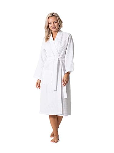 Turkish Linen Waffle Knit Lightweight Kimono Spa & Bath Robes for Women - Quick Dry - Soft (White, Large) - Image 1