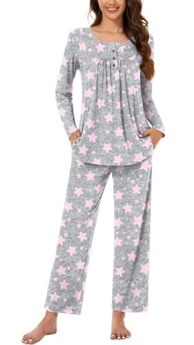 Bestbee Womens Pajama Set Plus Size, 2 Piece Lounge Outfits Pleated Sleepwear Sets Long Sleeve With Pockets Ladies Pjs, XL, Star Grey - Image 1