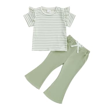 Demdzq Toddler Baby Girl Summer Clothes Striped Ruffles Short Sleeve T-Shirt Top Elastic Flare Pants Infant Spring Clothes (Cute Green, 2-3T) - Image 1