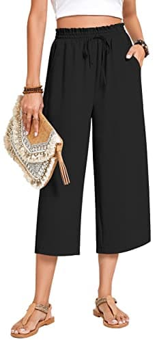 Anyhold Womens Capri Pants Loose High Waisted Wide Leg Lounge Pants Drawstring Casual Palazzo Trousers with Pockets X-Large, Black - Image 2