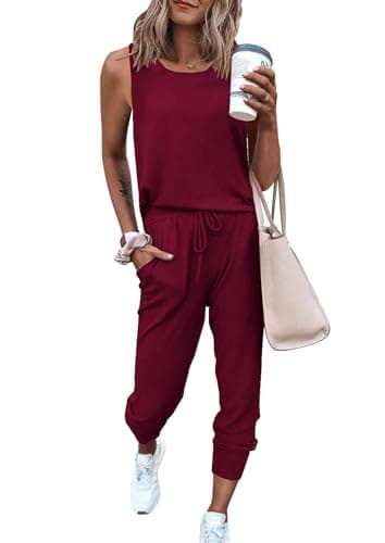 PRETTYGARDEN Women's Two Piece Outfit Sets Casual Summer Sleeveless Crewneck Tops and Sweatpants Active Tracksuit Lounge Wear (Wine Red,X-Large) - Image 1