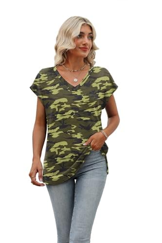 Tshirts Shirts for Women Floral Vacation Travel Summer Tops Short Sleeve Blouses Print Camo S - Image 2