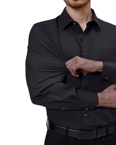 Alimens & Gentle Mens Dress Shirts 4-Way Stretch Long Sleeve Collared Casual Solid Wedding Dating Button Down Shirt Black - Image 3