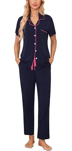Samring Women's Short Sleeve Shirt and Pajama Pant Pj Set Button Down Sleepwear for Women Navy Blue Rose M - Image 1