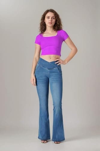BlueRose Flare Jean Leggings for Women,Bell Bottom Jeans for Women Knit Crossover High Waisted Bootcut Jean Blue - Image 6