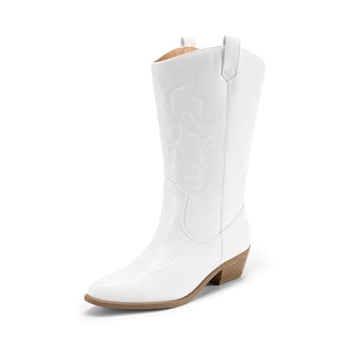 DREAM PAIRS Women's Cowboy Boots Pull On Cowgirl Boots Mid Calf Western Boots, Available in Regular and Wide Calf,Size 9,White,SDMB2218W - Image 1