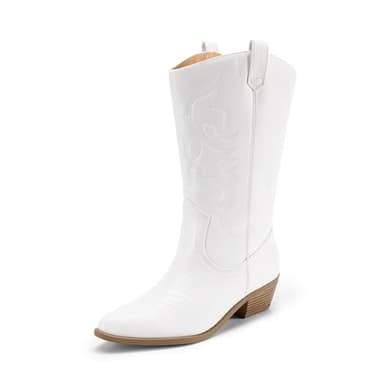 DREAM PAIRS Women's Cowboy Boots Pull On Cowgirl Boots Mid Calf Western Boots, Available in Regular and Wide Calf,Size 9,White,SDMB2218W - Image 1