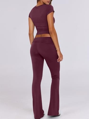 ANRABESS Lounge Sets for Women 2 Piece Foldover Yoga Flare Leggings Pants Crop Tops Casual Y2K Outfits Matching Tracksuit Set Burgundy XX-Large - Image 4