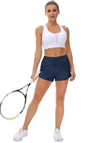 Mancreda Women's Running Shorts with Liner 3 Zipper Pockets Elastic Workout Athletic Gym Yoga Shorts(NA,L) Navy - Image 6