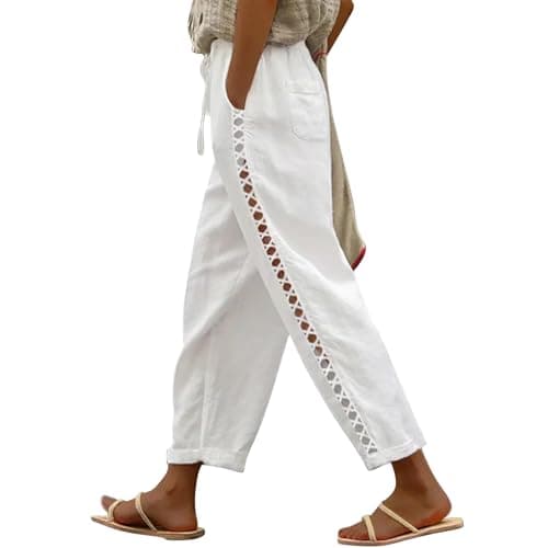 Puimentiua Women's White Linen Capri Pants with Drawstring Petite Summer Beachwear Lightweight Elastic Waist Pants, 2XL - Image 1