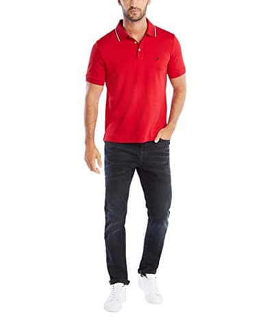 Nautica Men's Classic Fit Short Sleeve Dual Tipped Collar Polo Shirt, Red, Large - Image 2