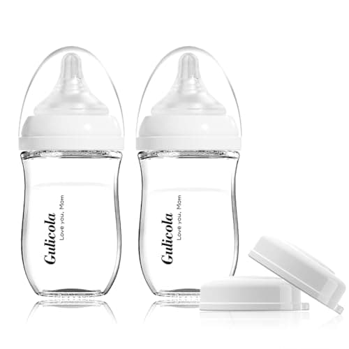 Gulicola Natural Glass Baby Bottle for Breastfeeding Babies, Newborn Anti-Colic Bottle Set with Slow Flow Nipple, 0-3 Months, 5 oz, 2 Pack - White - Image 1