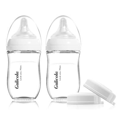 Gulicola Natural Glass Baby Bottle for Breastfeeding Babies, Newborn Anti-Colic Bottle Set with Slow Flow Nipple, 0-3 Months, 5 oz, 2 Pack - White - Image 1