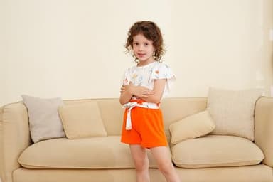 Vitalique Toddler Kids Girls Summer Outfits Ruffle Short Sleeve Floral T-Shirt Shorts with Belt 3 4T Girl Clothing Set Orange (3-4T) - Image 2