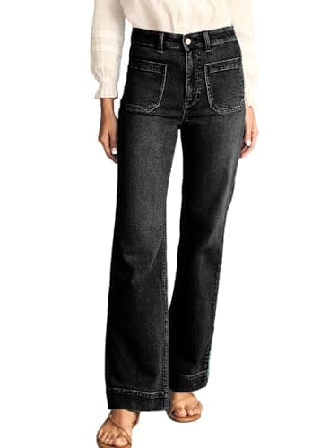 Astylish Women's Wide Leg Jeans High Waisted Stretchy Straight Leg Jeans Loose Denim Pants with Pocket Size 14 Black - Image 1