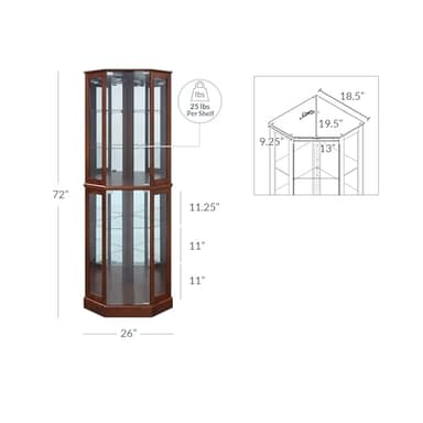 BELLEZE Lighted Corner Display Curio Cabinet,72" Tall Wooden Curved Shelving Unit with Tempered Glass Door, Bar and Liquor Storage Area with 6 Shelves - Ashfield (Walnut) - Image 2