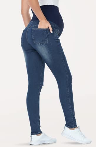 PACBREEZE Women's Maternity Jeans Over Belly Skinny Stretchy Denim Pants Comfy Slim Pregnancy Pants (Ripped Indigo Blue, XX-Large) - Image 5