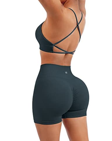 SUUKSESS Women Seamless 2 piece Workout Sets Strappy Padded Sports Bra Booty High Waisted Shorts Outfits (Deep Green,L) - Image 3