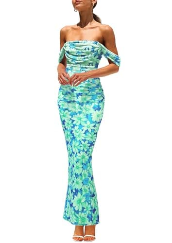 PRETTYGARDEN Maxi Dresses for Women 2025 Summer Elegant Floral Off Shoulder Ruched Mesh Cocktail Wedding Guest Dress (Light Green Daisy,Medium) - Image 1