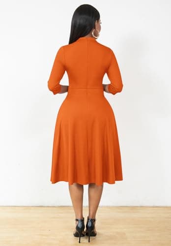 Nmoder Casual Dresses for Women Semi Formal Fit and Flare 3/4 Sleeve A-line Church Work Dress with Pockets Orange L - Image 4