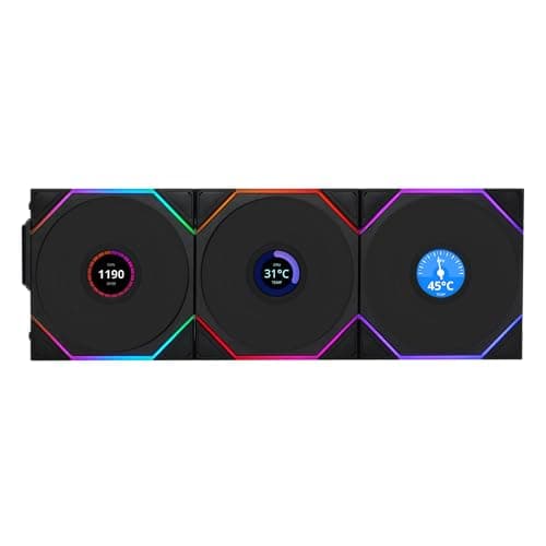 Lian Li UNI Fan TL - LCD Wireless 120 - Triple Pack (Reverse Blade) - 2.4 GHz Wireless Signal RGB & PC Case Fan - Infinity Mirror - LCD Display - Controller Included & Required - Black (12RTLLCD1W3B) - Image 1
