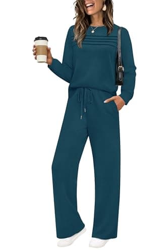 WIHOLL Women's Two Piece Sets Winter Long Sleeve Travel Outfits Fashion Lounge Tracksuit Fall Wide Leg Sweatpants Matching Sweat Set Blue 2XL - Image 1