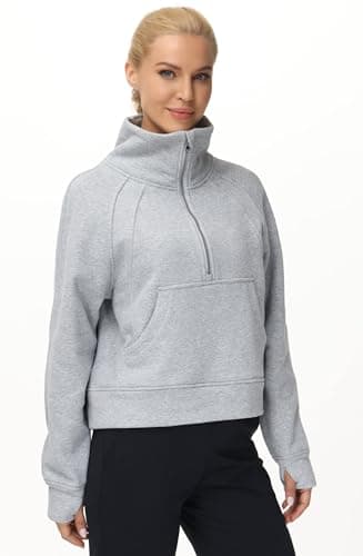 THE GYM PEOPLE Women's Half Zip Pullover Sweatshirt Fleece Stand Collar Crop Sweatshirt with Pockets Thumb Hole Grey - Image 8