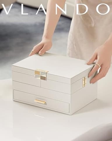 Vlando 3 Layer Jewelry Box - Women Jewelry Box with Retractable Tray - Jewelry Organizers with Drawer for Necklaces, Rings, Bracelets, Earrings, Gift for Couples Mom Girls - Could White - Image 7