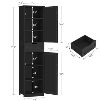 TEENFON 67" H Tall Storage Cabinet with 2 Doors and 1 Drawer, Narrow Black Cabinet with Adjustable Shelves, for Bathroom, Living Room, Entryway, Kitchen, Black - Image 3