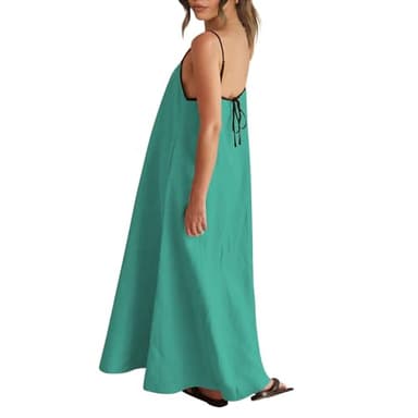 Shy Velvet Women's 2025 Summer Linen Maxi Dress Contrast Spaghetti Strap Dress Backless Sleeveless Casual Party Beach Dresses Turquoise - Image 4
