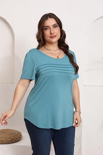 Plus Size T Shirts for Women Summer Short Flare Sleeve Pleated Dressy Casual Scooped Neck Summer Tops Blouses 3X Turquoise - Image 6