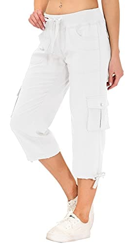 MoFiz Womes Cargo Hiking Capri Pants Lightweight Quick Dry Running Athletic Casual Outdoor Button Pockets Rice White L - Image 3