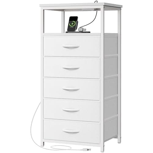Huuger White Dresser with 5 Drawers & Charging Station, Tall Dresser for Bedroom, Tall Night Stand with PU Leather Finish, Open Shelf, Nightstand for Bedroom, Closet, Hallway, Entryway - Image 1