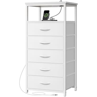 Huuger White Dresser with 5 Drawers & Charging Station, Tall Dresser for Bedroom, Tall Night Stand with PU Leather Finish, Open Shelf, Nightstand for Bedroom, Closet, Hallway, Entryway - Image 1