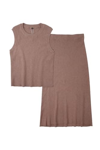 Arach&Cloz Women's Two Piece Sets Spring Bodycon Dresses Summer Vacation Outfits Tank Top and A Line Midi Skirt 2025 Knit Suits (Coffee,M) - Image 6